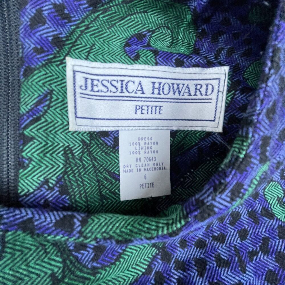 Vintage Jessica Howard Petite Dress 6 Blue Green 80s Secretary Scroll Wasp Waist - Picture 3 of 7
